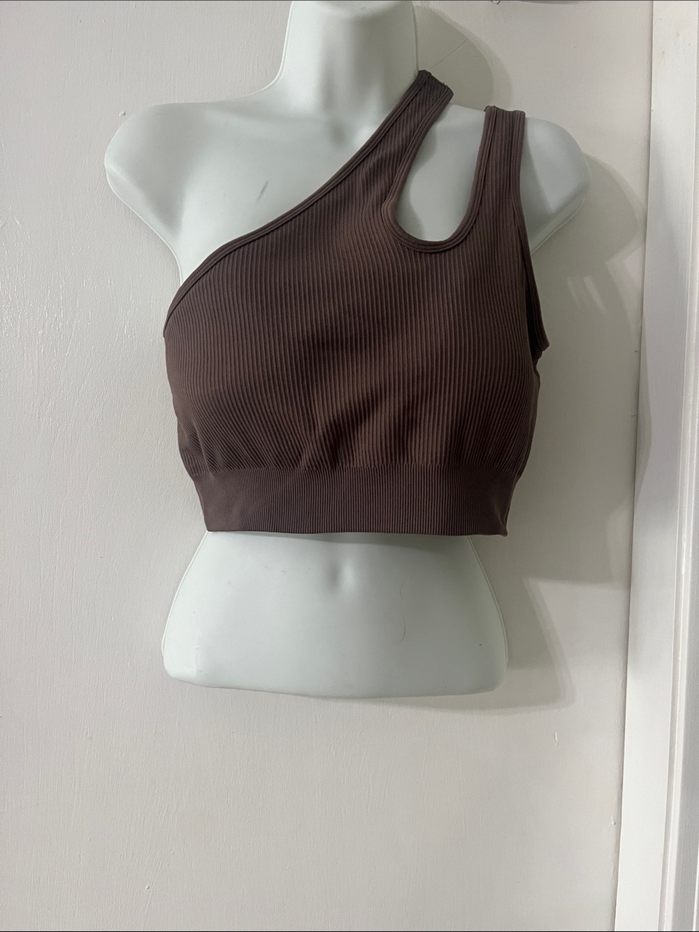 One-Shoulder Ribbed Crop Top in Deep Brown